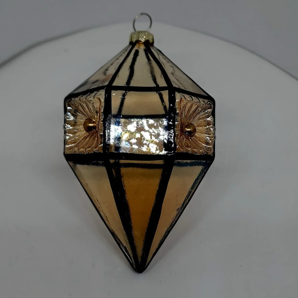 Geometric Champagne Beveled Drop Glass‎ Christmas Ornament Floral Imprint 5.5